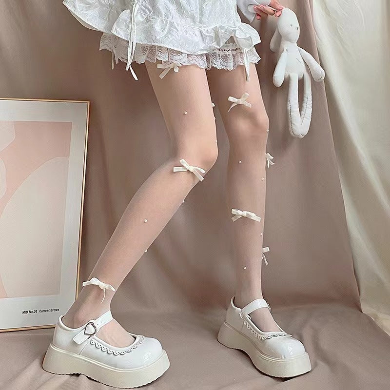 Bow Pearl White Stockings Lolita Leg Shaping Pantyhose
