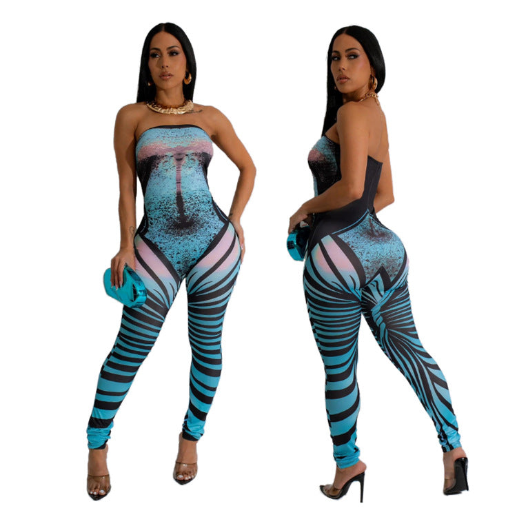 Digital Print Tube Top Jumpsuit Streetwear Romper
