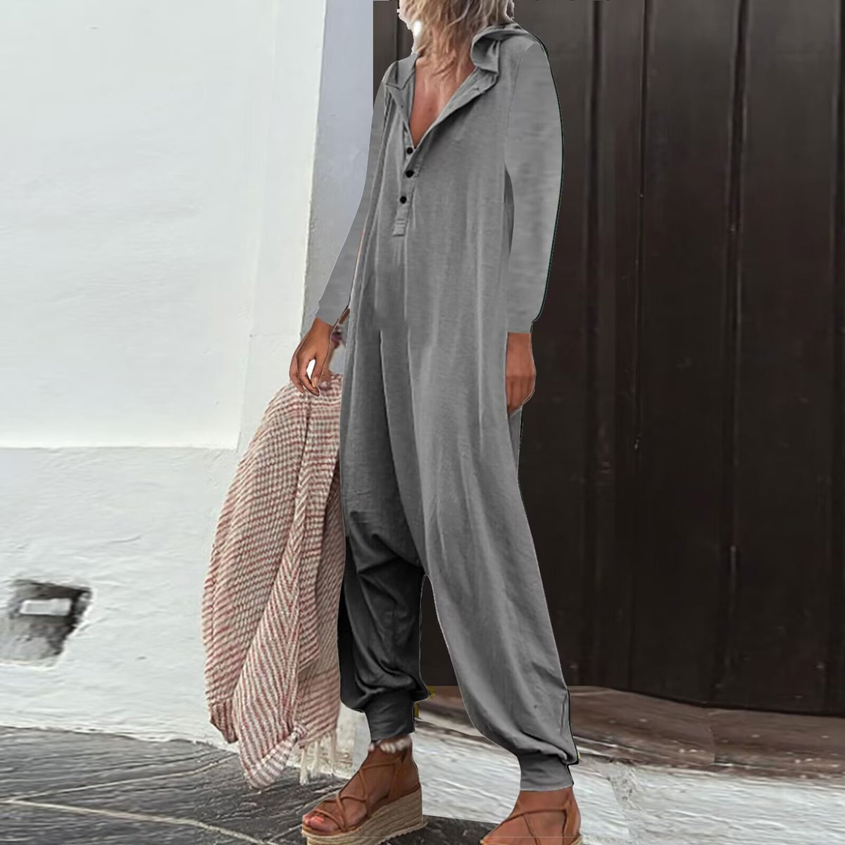 Casual Hooded Pocket Long Sleeve Jumpsuit Baggy Pants
