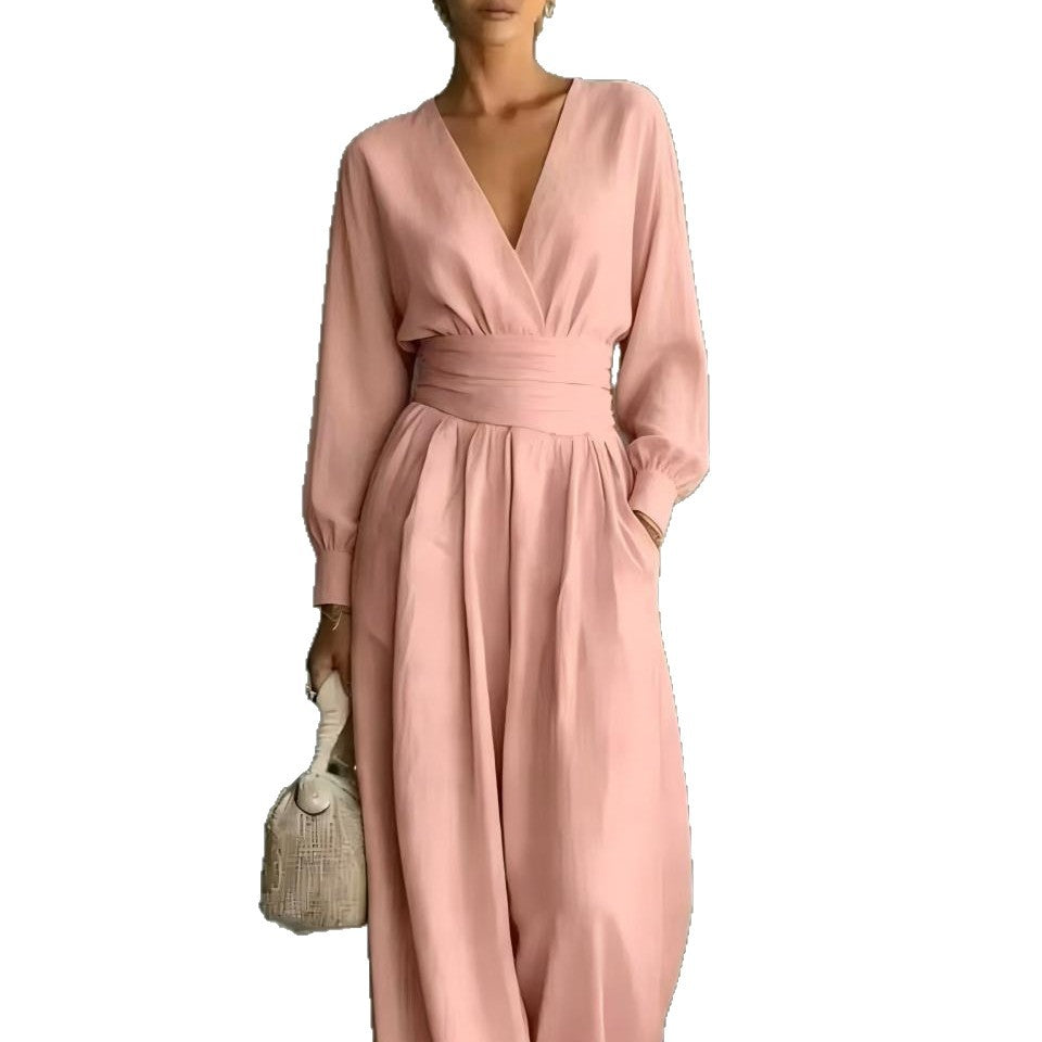 Fitted-waist V-neck Long-sleeve Womens Solid-color Jumpsuit