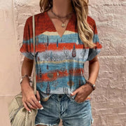 V-Neck Tee with Colorful Tree Print