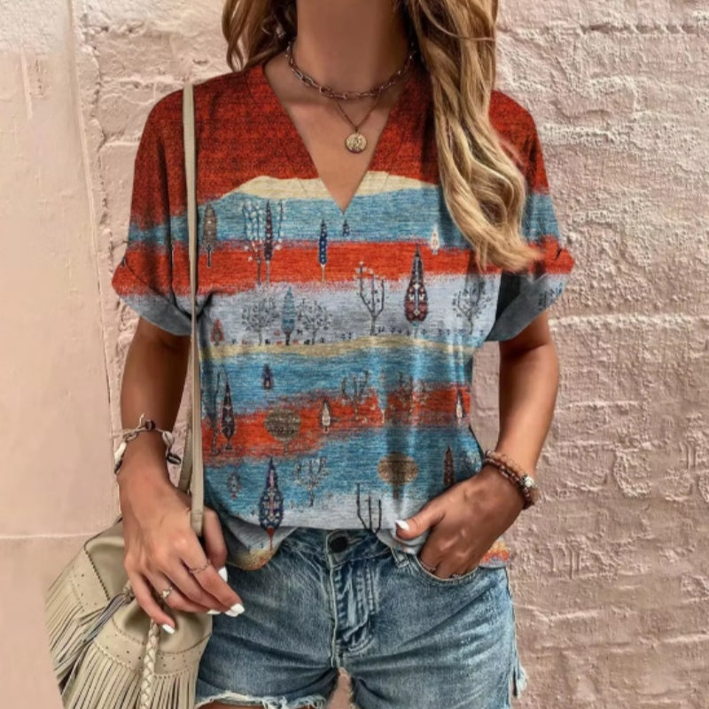 V-Neck Tee with Colorful Tree Print