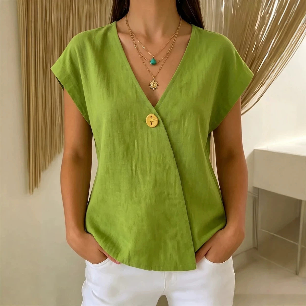 Loose T-shirt Women's V-neck Cotton And Linen Button Top