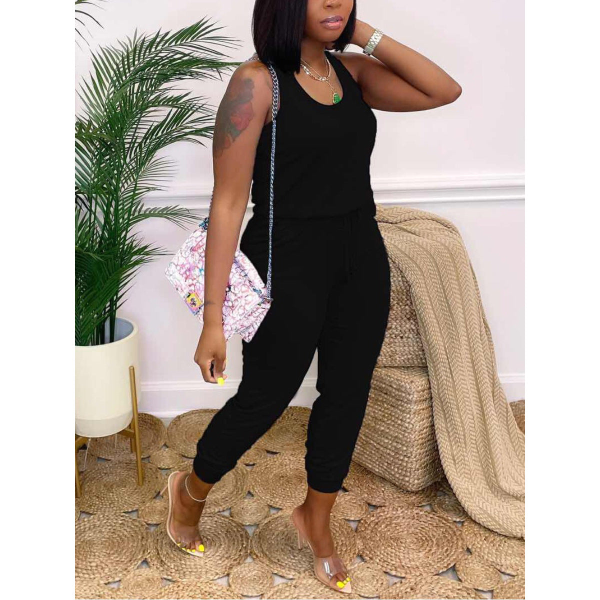 Solid Color Fashion Tight Belt Pocket Vest Jumpsuit