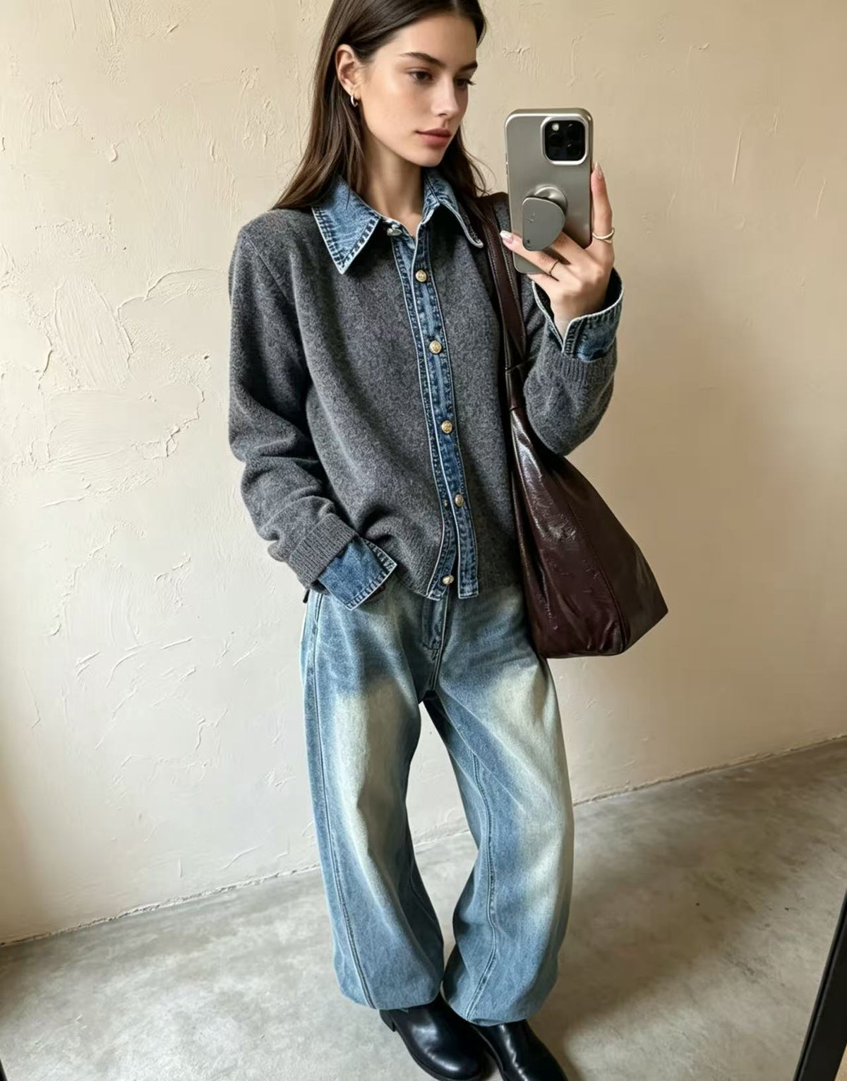 Fake Two-piece Sweater Womens Cardigan Laid-back Style Knit Jacket