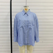 Plus Size Loose Casual Mid-length Short Front And Long Back Striped Shirt