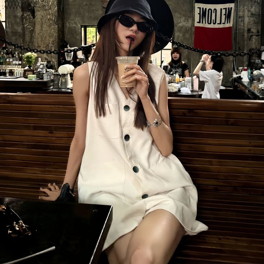 Womens Fashion Single-Breasted Sleeveless Jumpsuit Vest
