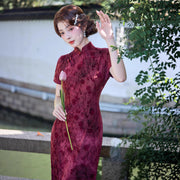 Red Flocking Cheongsam Dress – Retro Short Sleeve Floral Design