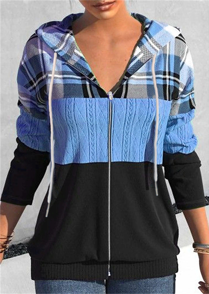 Women's Plaid Hooded Zipper Cardigan Sweater