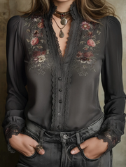 Women's Retro Gothic Style Lace V-Neck Long Sleeve Shirt