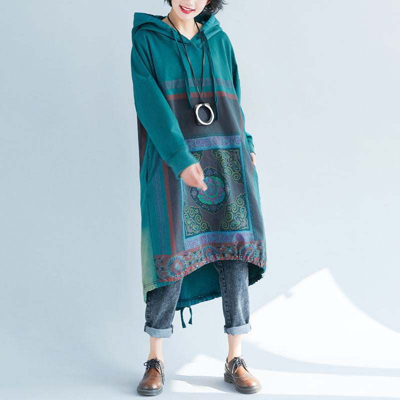 Gradient Print Loose Hooded Sweatshirt Dress
