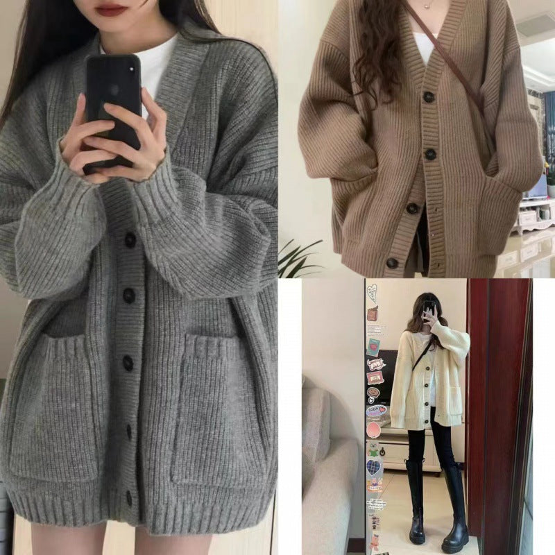 Womens Solid-color Loose-fit Korean-style Knitted Sweater