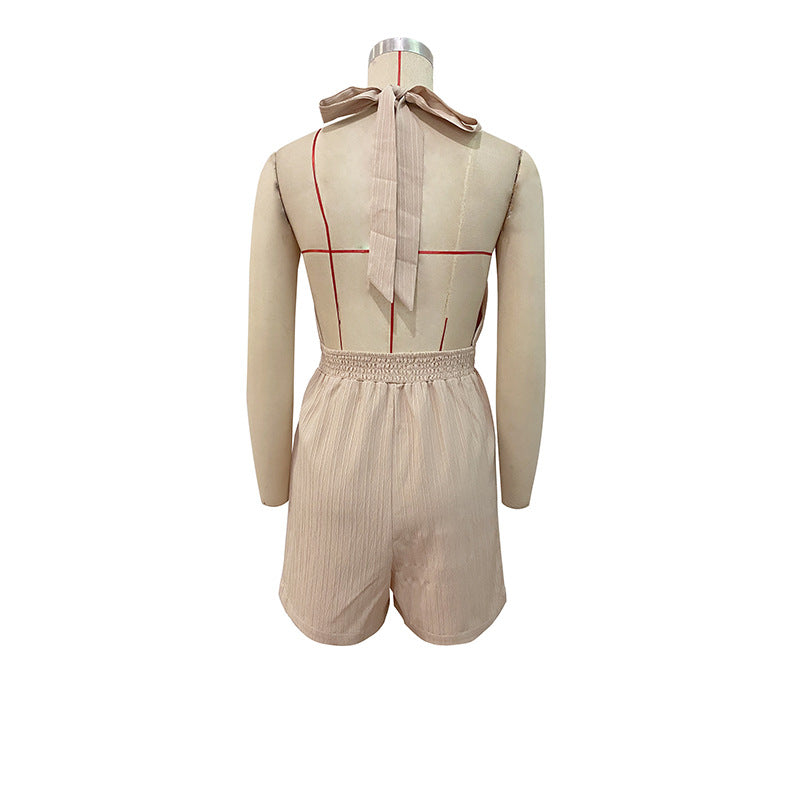 Chic Cross-Halterneck One-Piece Romper Shorts