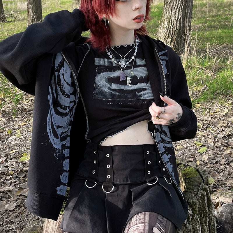 Edgy Skeleton Print Long Sleeve Cardigan Sweatshirt