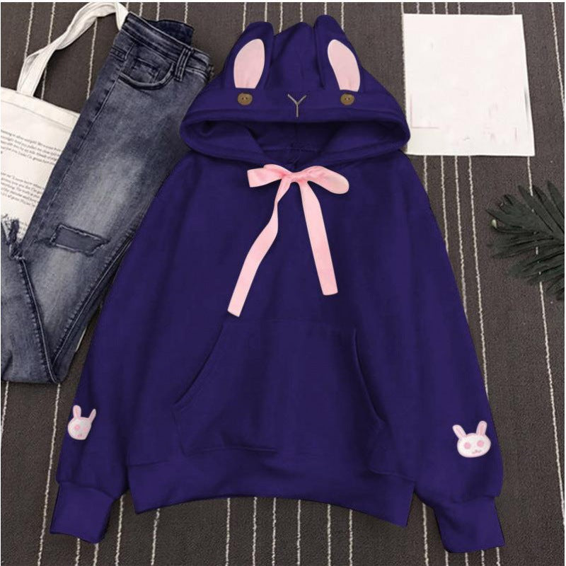 Cute Bunny Ear Embroidered Pocket Fleece Hoodie for Women
