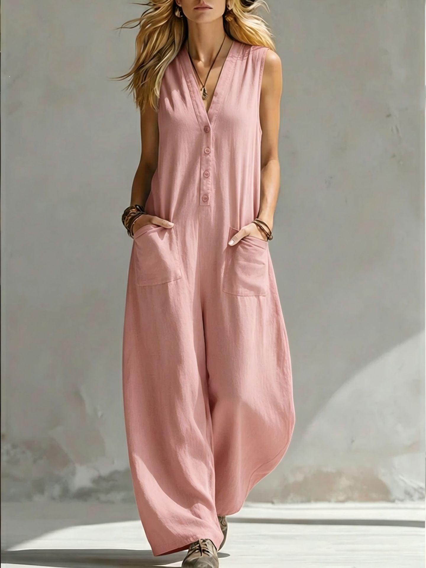 SpringSummer Womens Casual Linen-Cotton Sleeveless Jumpsuit