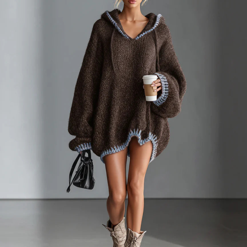 Fashion Color Contrast Stitching Sweater Long Sleeve Hooded Sweater