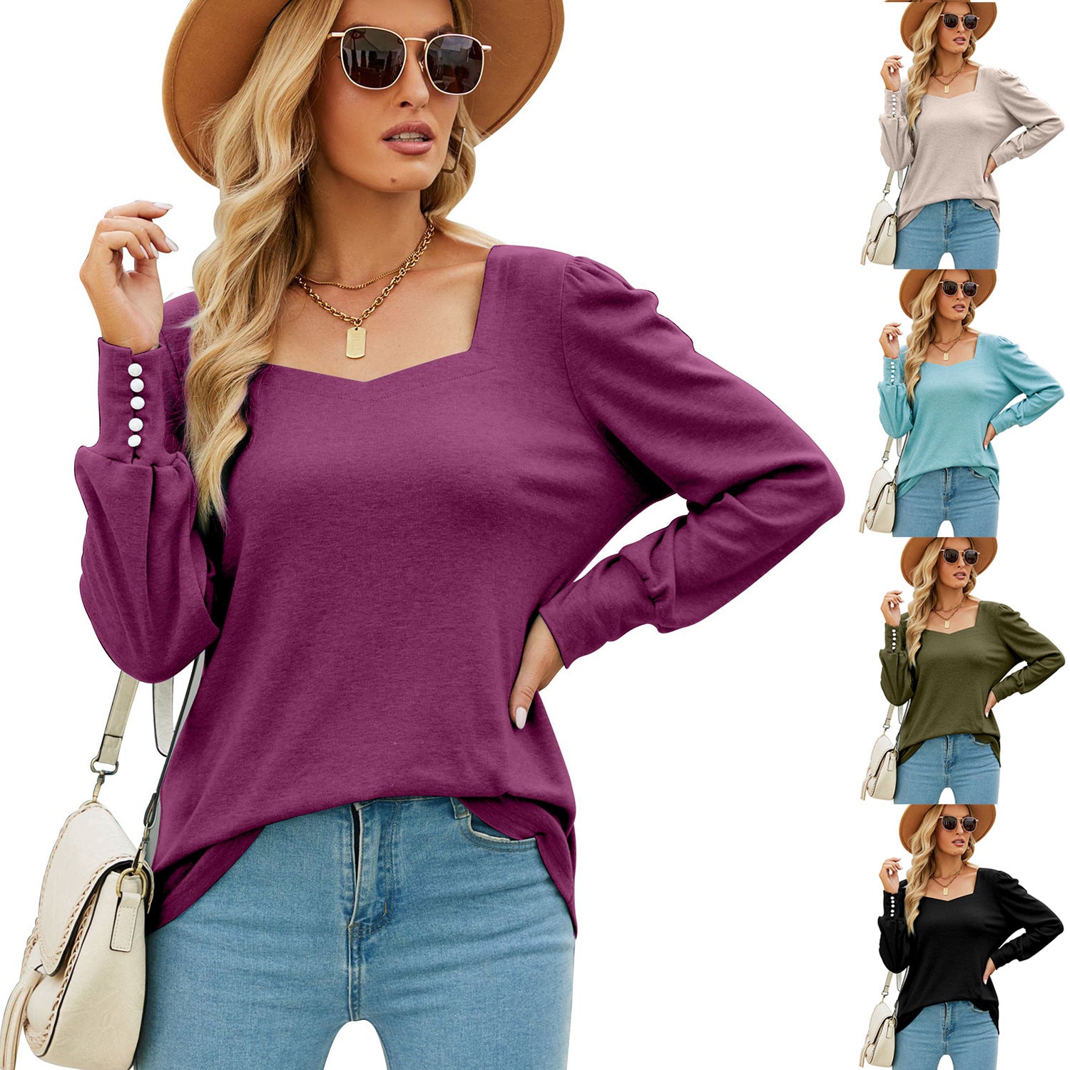 Chic Square Neck Long Sleeve Button Top