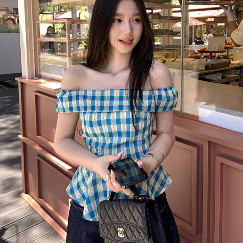 Off-Shoulder Blue Checkered Short Sleeve Summer Top