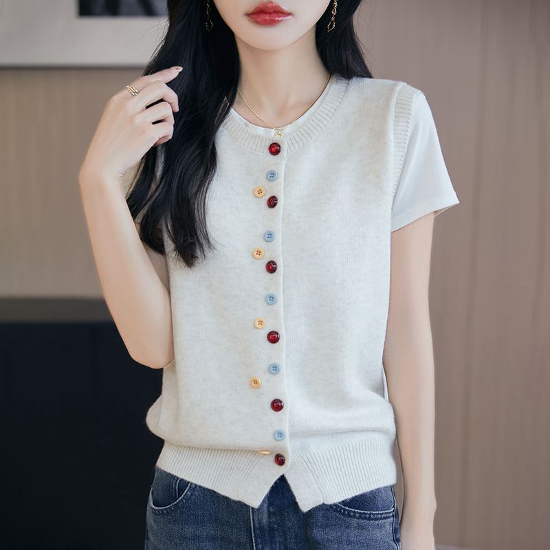 Women's Crew-neck Knitted Cardigan Vest with Colorful Buttons