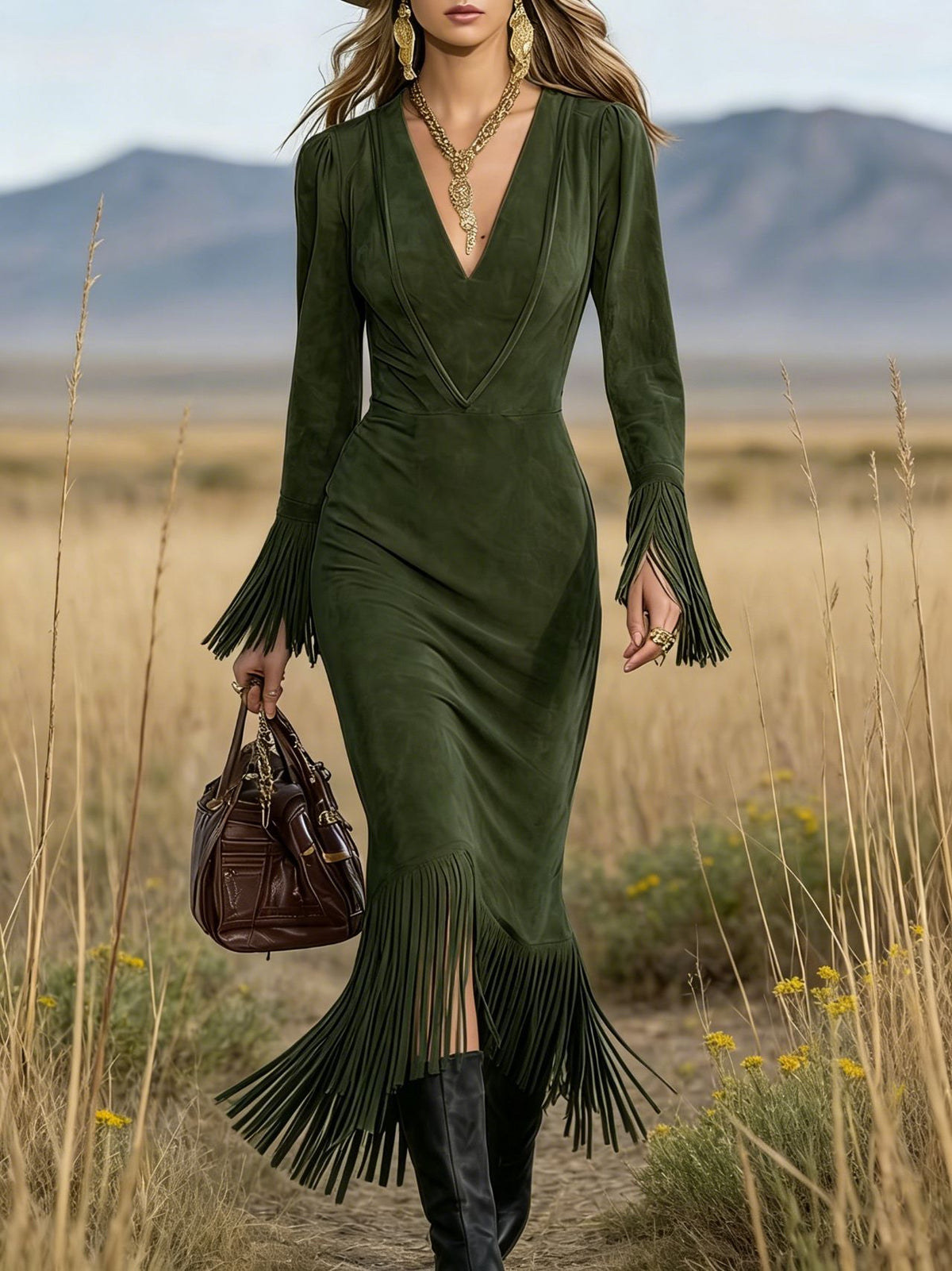 Retro Western Fringe Flared Midi Dress