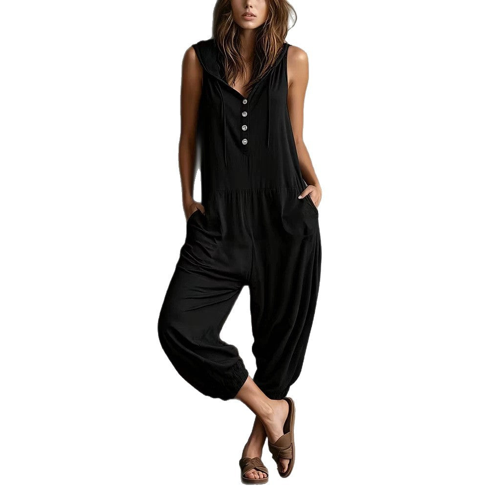 Casual Sleeveless Hooded Jumpsuit with Pockets