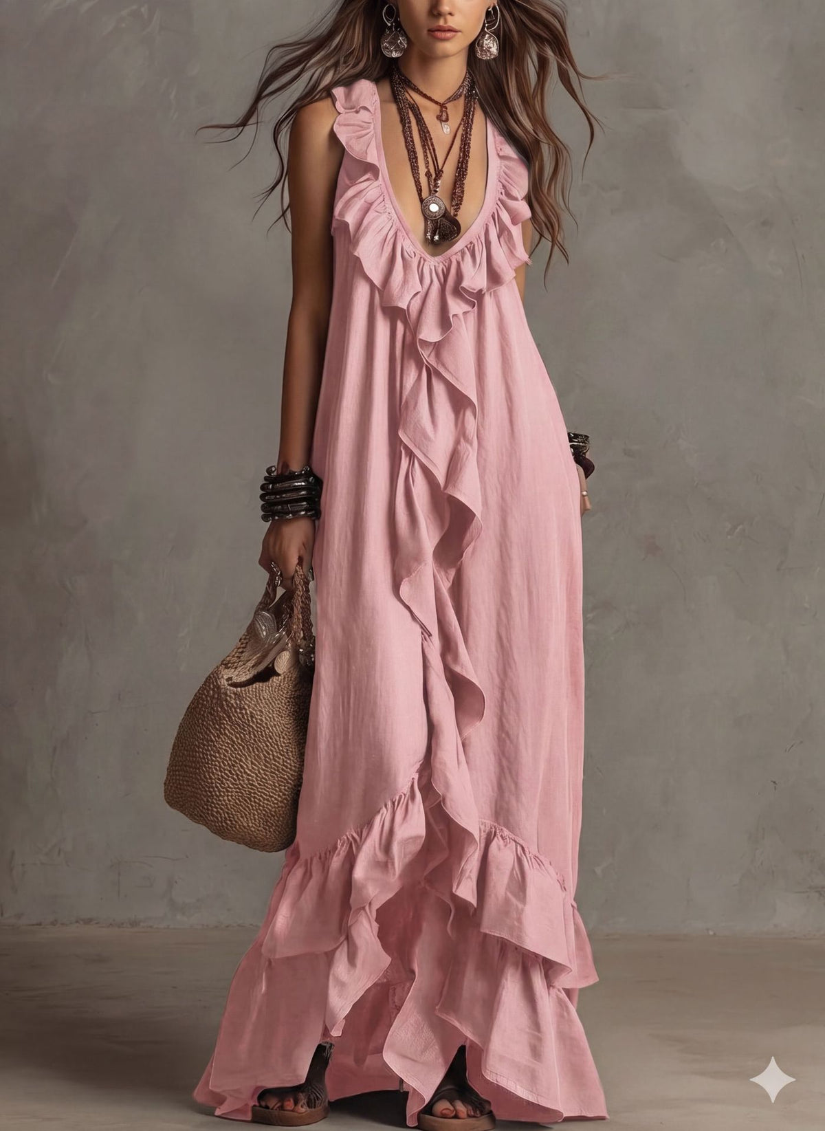 Bohemian V-Neck Ruffled Retro Dress