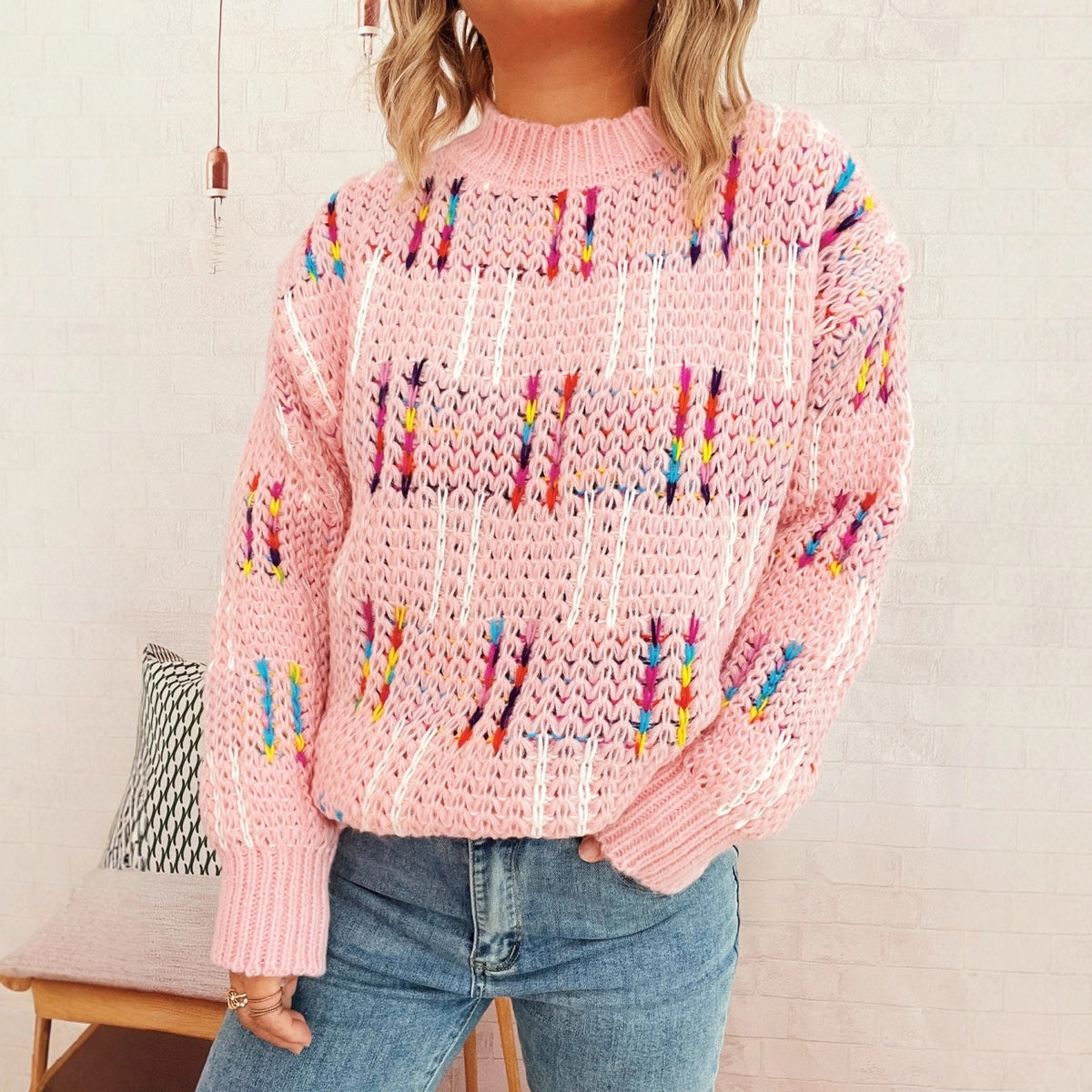 Contrast Color Cute Style Knitted Pullover Sweater for Women