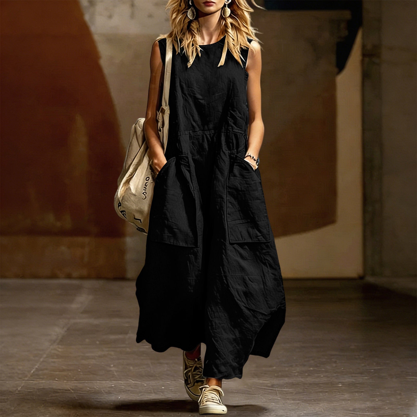 Washed-Crepe V-Neck Sleeveless Pocket Maxi Dress