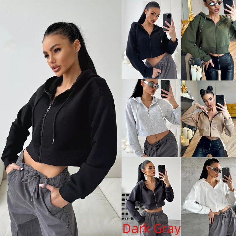Trendy Cropped Zip-Up Hoodie with Drawstring
