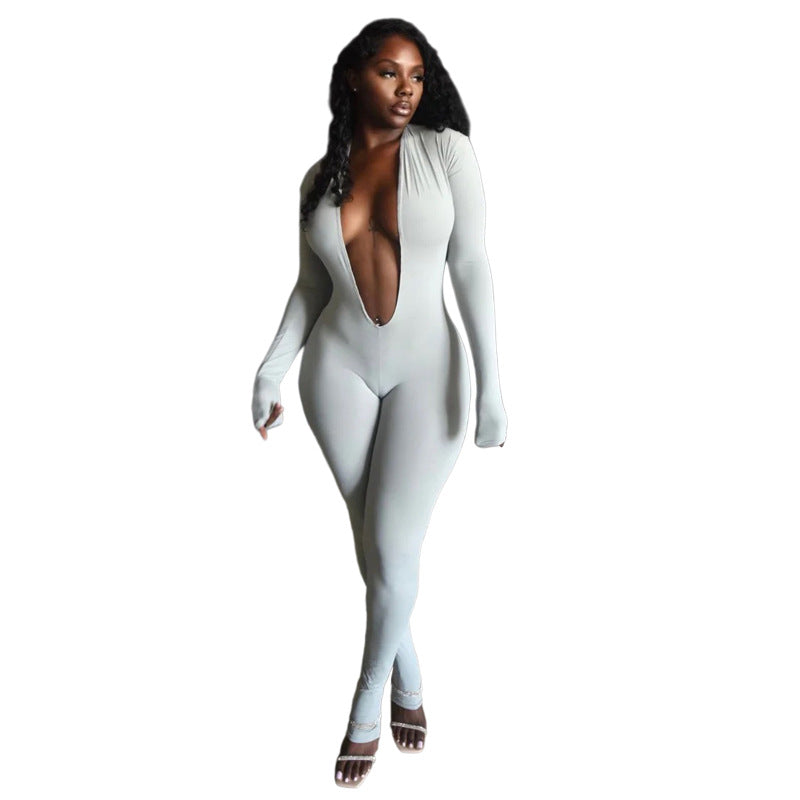 Sexy Backless Deep V Long Sleeve Tight Jumpsuit