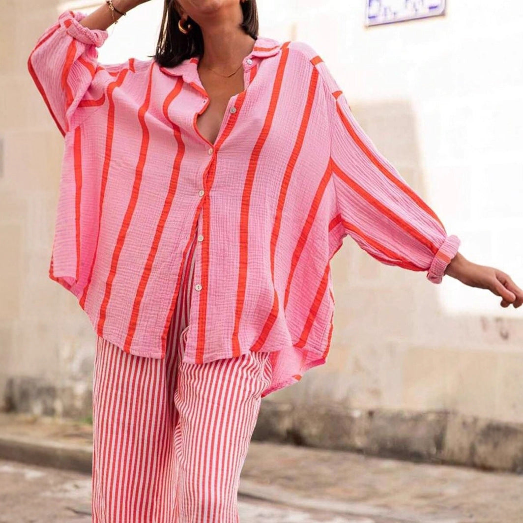 New Womens Striped Long-sleeve Button-up Cardigan