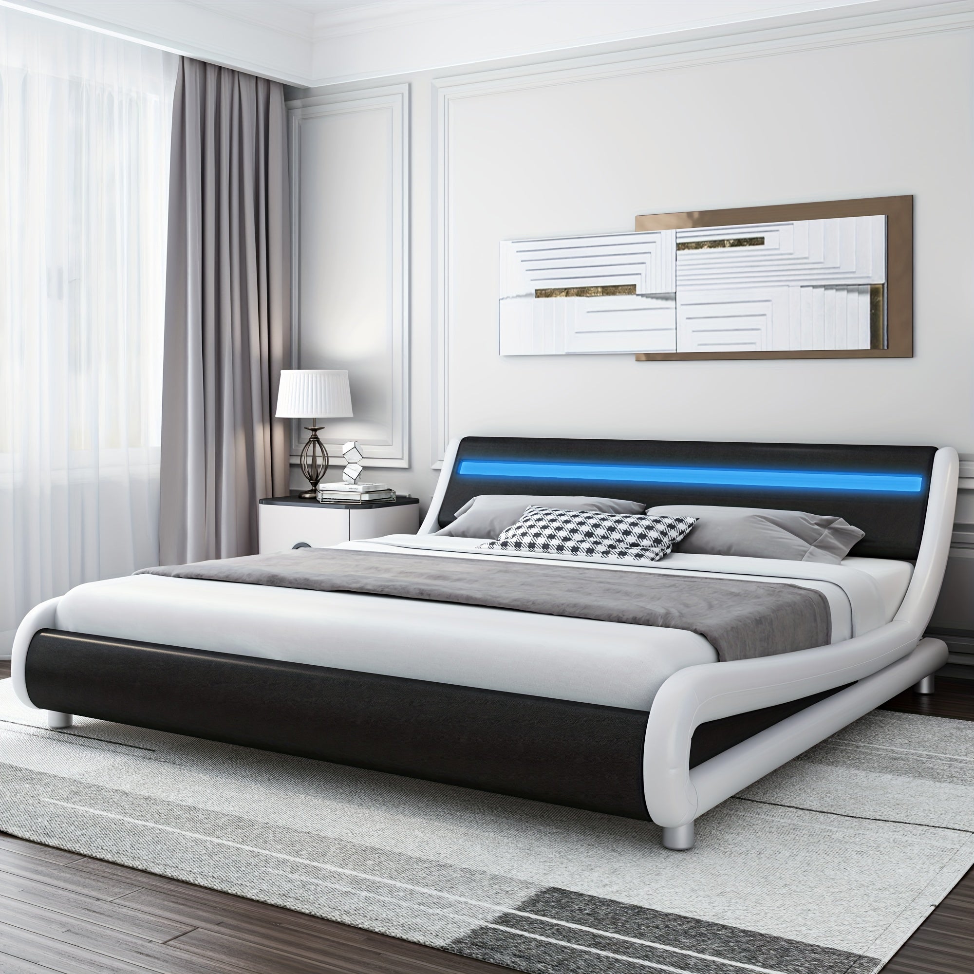 Modern Upholstered LED Bed Frame with Adjustable Faux Leather Wave Headboard