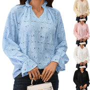 Relaxed Fit V‑Neck Lace‑Trim Long‑Sleeve Top – Solid Colors