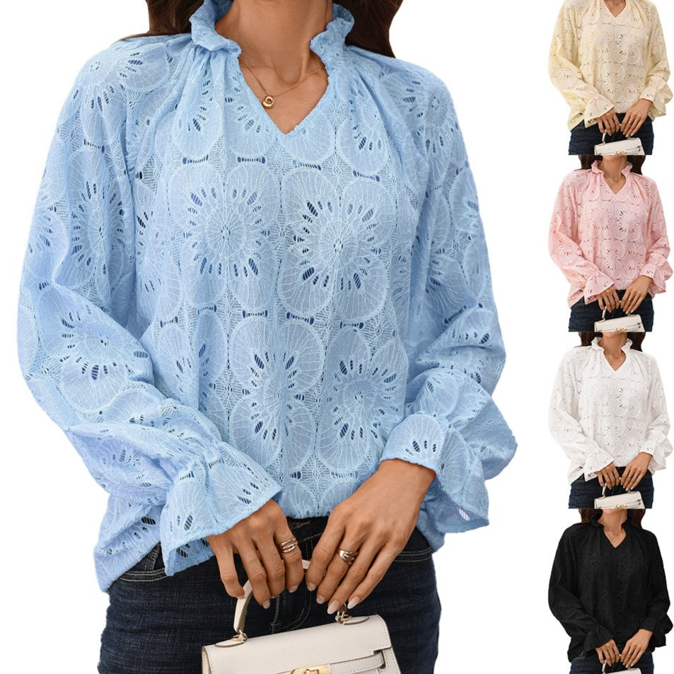 Relaxed Fit V‑Neck Lace‑Trim Long‑Sleeve Top – Solid Colors
