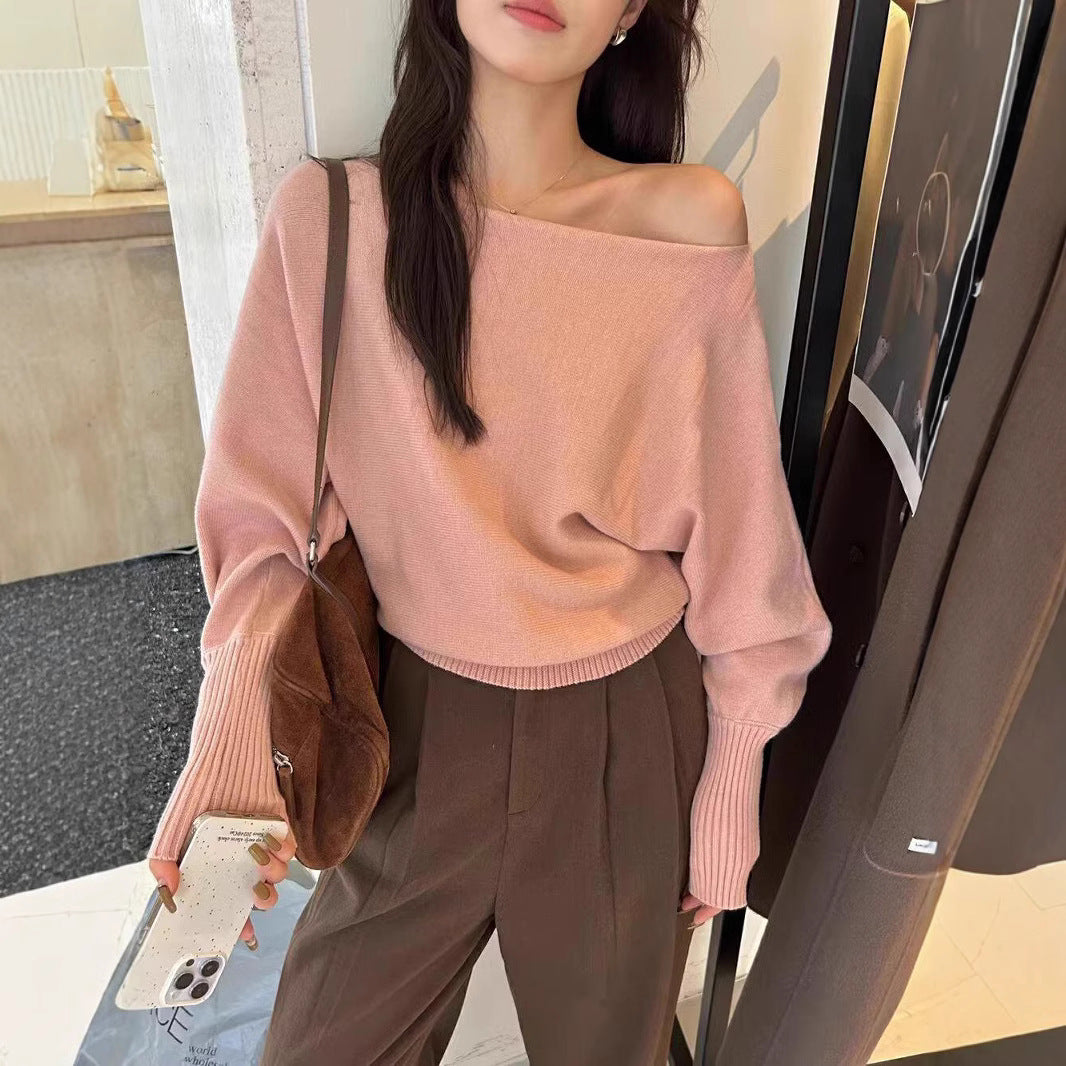 Korean-style Elegant Red Long-sleeve Knit Top with a Slanted Shoulder Design