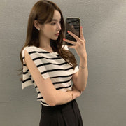 Striped Designer-Style Knitted Top With Side Slit Sleeveless