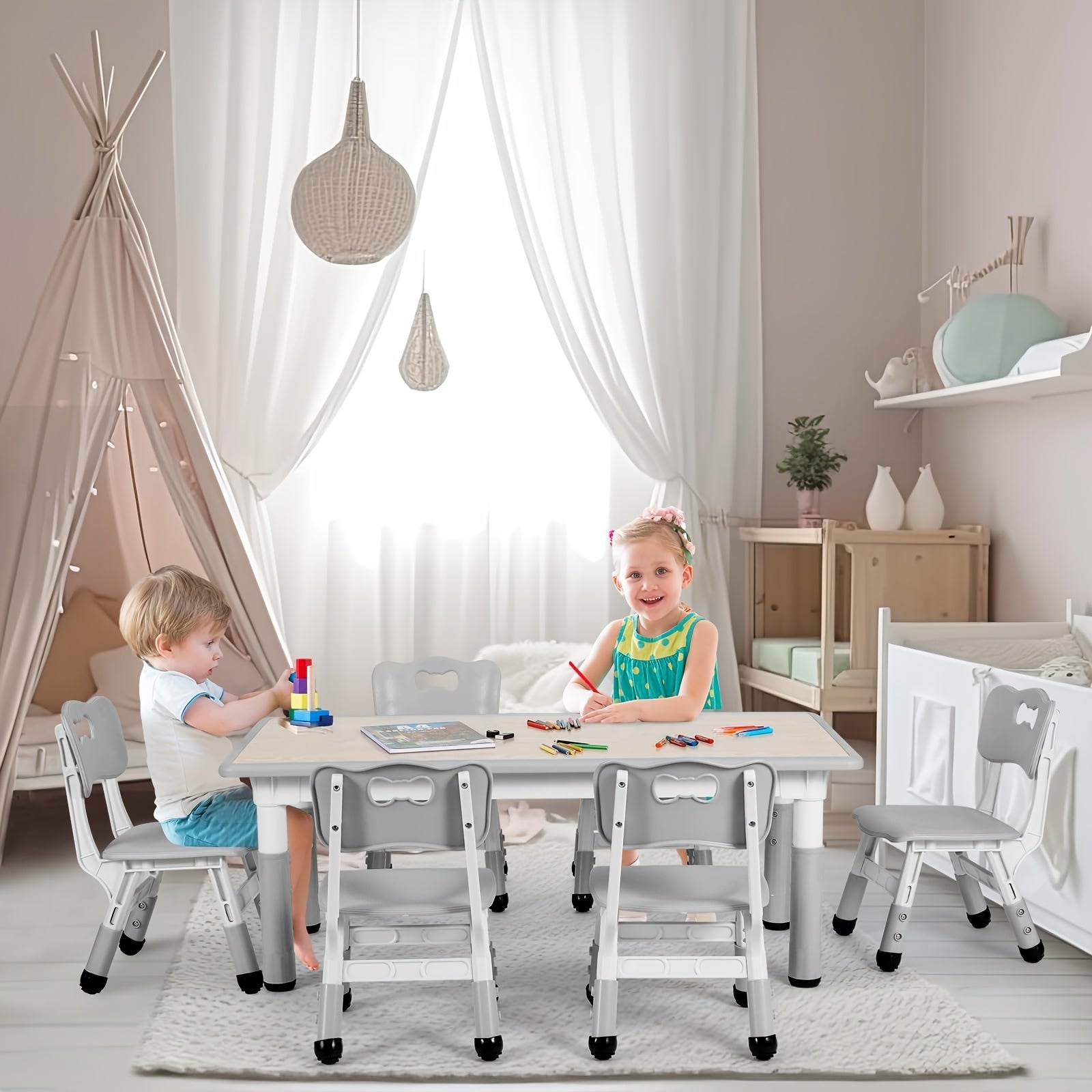 [Halloween Christmas Gifts] Adjustable Tables And 6 Chair Suits, Game Activity Table Sets With Graffiti Desktop, Preschool Table For Reading, Drawing, Eating, For Boys And Girls Halloween Christmas Gifts