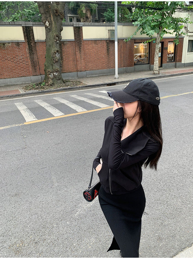 Edgy Oblique Zip Turtleneck Cotton Sweater Coat