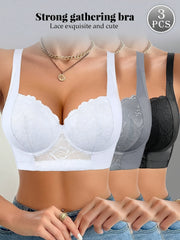 3pcs Women'S Underwire Push-Up Bra Set with Lace Trim - Elegant Solid Color Bra, Non-Removable Pads, Comfortable Everyday & Special Occasion Wear, Everyday Comfort | Elegant Bra Set | Underwire Sup...