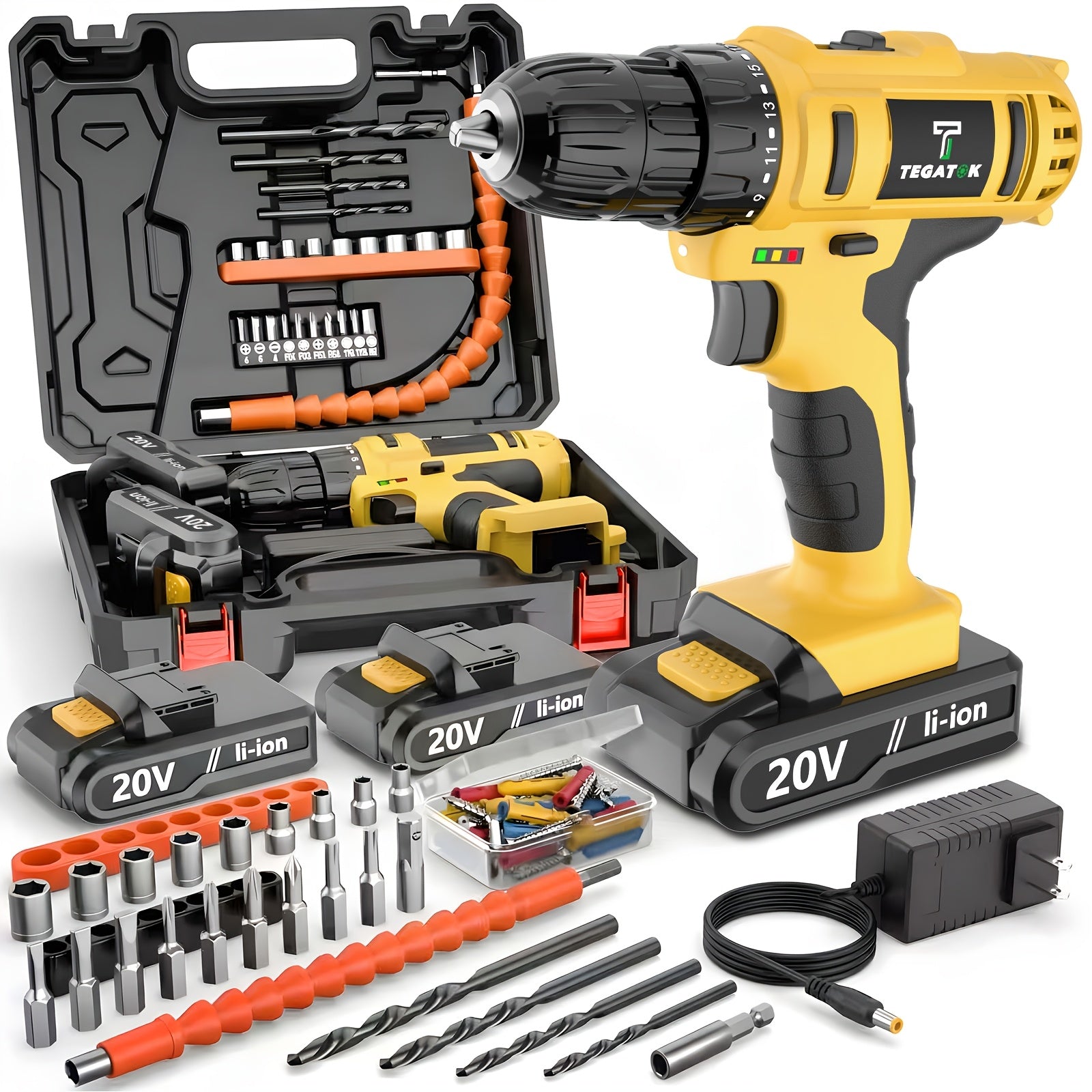 20V Cordless Drill Set with Toolbox and Drill Bits