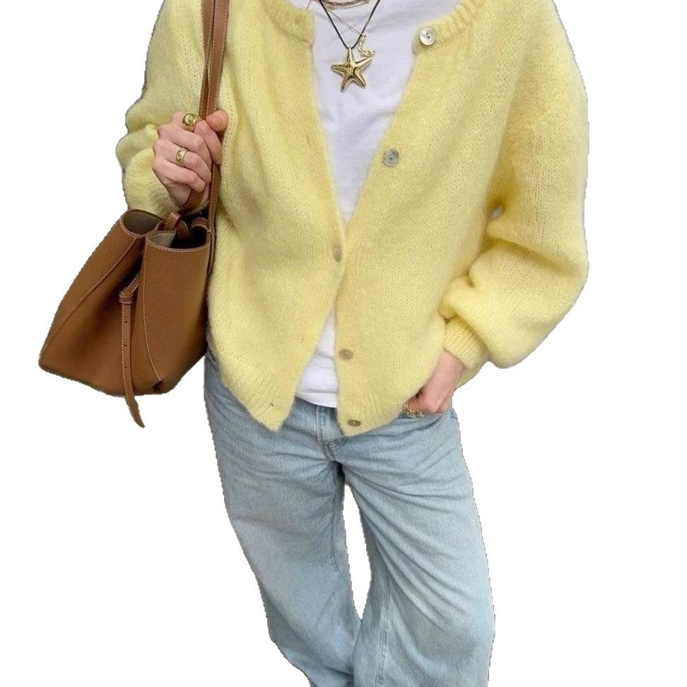 Natural Shell Button Simple and Thin Round Neck Velvet Cardigan Women's Sweater