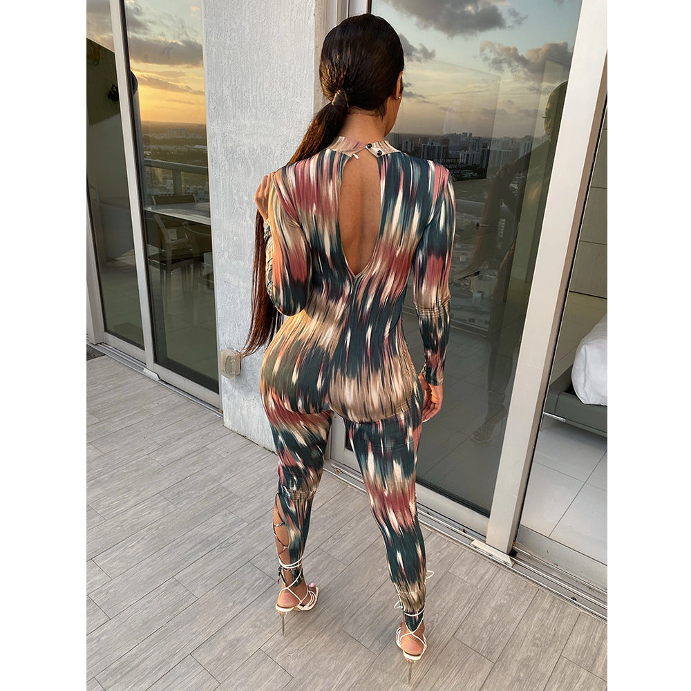 Women's long-sleeved colorful Christmas print jumpsuit