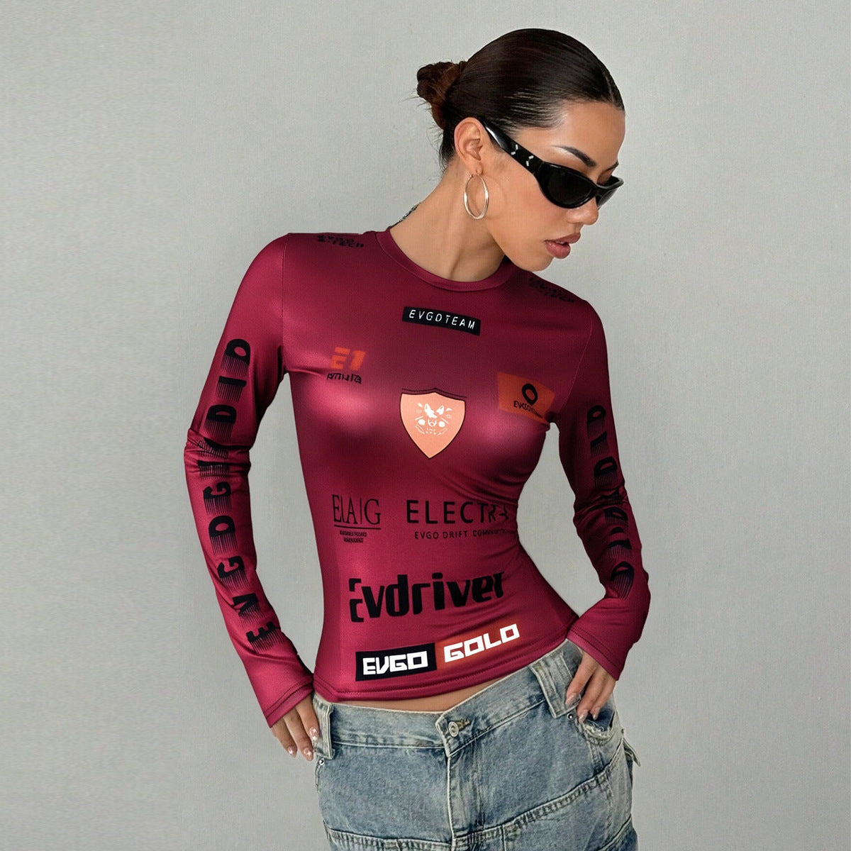 Slim-Fit Midriff-Open Printed Long Sleeve Top – Trendy Streetwear