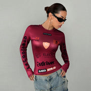 Slim-Fit Midriff-Open Printed Long Sleeve Top – Trendy Streetwear
