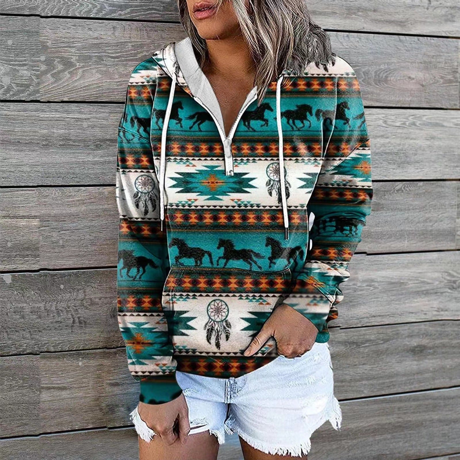 Ethnic Tribal Geometric Print Zip Hoodie