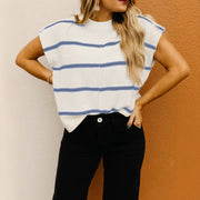 Womens Casual All-match Loose Striped Print Pullover Short-sleeve Sweater