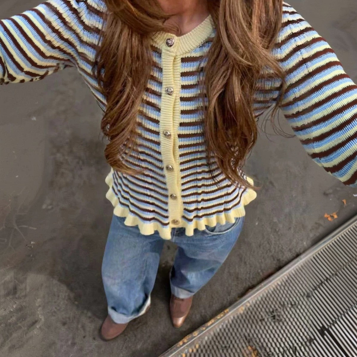 Womens Striped Long-sleeve Cardigan Sweater Top