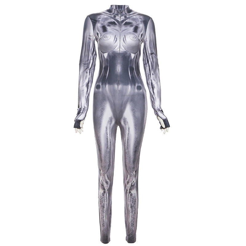 Women's Slim Fit Long Sleeve Digital Print Sports Jumpsuit