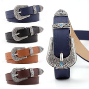 Elegant Women's Leather Belt with Metal Carving